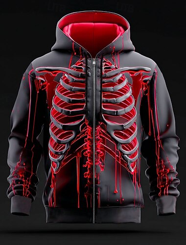  Per uomo 3D Scheletro Felpa con Cappuccio Felpa Punk Cool Gotico Manica Lunga Girocollo Abbigliamento casual alla moda Feste Regalo Blu Rosso Arancione Verde Coulisse Cerniera Autunno Inverno