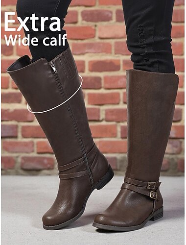  Braune, extra weite Kniestiefel für Damen mit seitlichem Reißverschluss und Schnalle – lässige, bequeme Reitstiefel für Arbeit, Streetwear und den Alltag