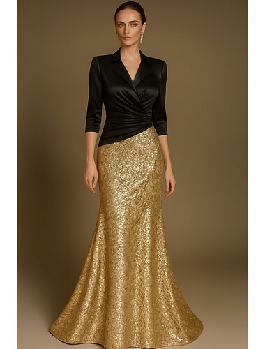  Ligne A Longueur au sol Robes de Bal Robe de Soirée Tenue de soirée Élégant Bloc de Couleur Scintillant Demi Manches Revers Formel Mariage Satin Extensible Pailleté avec Paillettes Plis