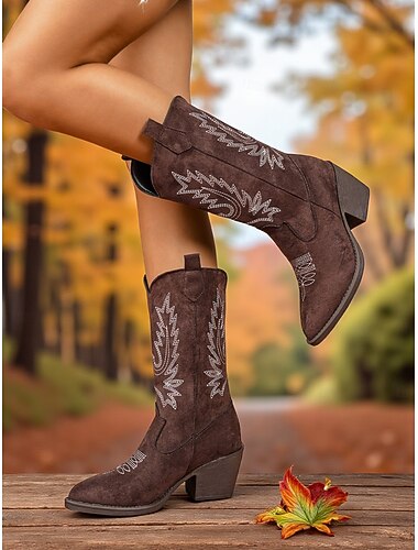  Suède cowboylaarzen voor dames met geborduurd ontwerp, western halfhoge blokhak, retro-stijl, modieuze laarzen voor casual gebruik in de stad