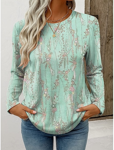  Жен. Футболка Цветочный принт Графика Растения Винтаж Стиль Классика Длинный рукав Вырез под горло Обычные топы Повседневные выходные С принтом Синий Розовый Лиловый Зеленый Весна Осень