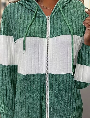  Mulheres Pulôver Moletom Com Capuz Moletom com zíper Bloco de cor Roupa de rua Casual Manga Longa Com Capuz Tops regulares Rua Dia a Dia Zíper Bolsos Verde Outono Inverno