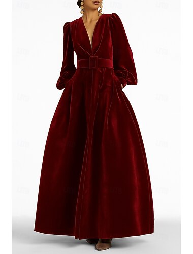  Linea ad A Abito da Sera Elegante Abito formale Formale Matrimonio Lunghezza al pavimento Manica Lunga Scollo a V Tasca Velluto con Spacco Tasca 2025