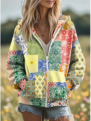  Γυναικείο hoodie 3D εκτύπωσης zip up λουλούδια γραφιστικό μόδας casual μακριά μανίκια κουκούλα κανονικά μπλουζάκια street καθημερινά ρούχα patchwork τσέπη με φερμουάρ κίτρινο ροζ μπλε μωβ πράσινο