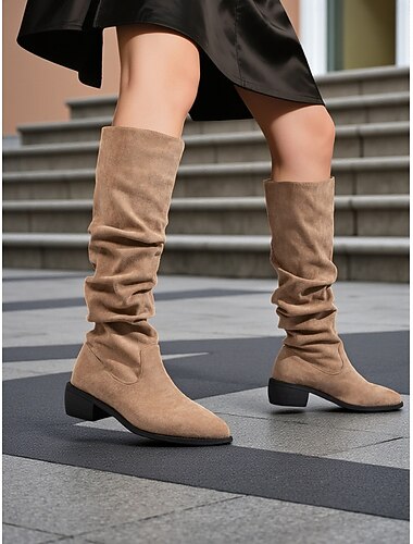  stivali alti fino al ginocchio da donna in pelle scamosciata color moka con tacchi dalla forma unica, calzature alla moda urbana minimalista