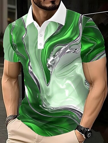  Hombre Abstracto Mármol Polo Manga Corta Camisas de polo Diseño Informal de negocios Ropa Deportiva Ropa Cotidiana Impresión 3D Botones Verano Azul Piscina Dorado Verde Trébol