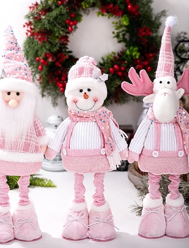  Adorno navideño de peluche con lentejuelas rosas, muñeco de peluche elástico de Papá Noel, muñeco de nieve, reno, adorno navideño, decoración festiva para escaparates, decoración del hogar, accesorio