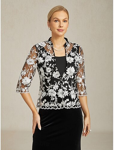  Damen Elegante Oberteile Spitzentops Blumen Elegant Vintage Hoher Ausschnitt Schwarz Sommer Frühling Herbst