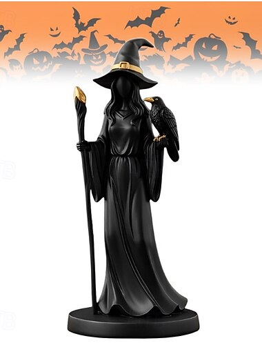  黒の金の杖の魔女の彫刻エレガントな黒 &精巧な魔女の帽子をかぶった金色の樹脂製の神秘的な置物 &屋内/屋外用デスクトップ装飾用スタッフ