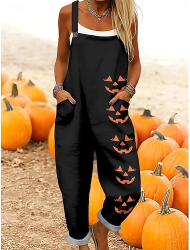  Halloween Damen Jumpsuit aktiv Grafik ärmellos weites Bein Taschenknöpfe Urlaub lockere Passform schwarz weiß lila Sommer