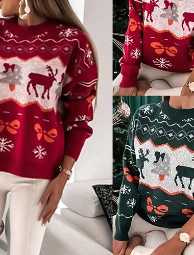  女性用 ニット プルオーバー カジュアル クリスマスのトナカイ リブ クルーネック ニット プリント 長袖 レギュラートップス ニット クリスマス 日常 祝日 ルビーレッド グリーン 冬