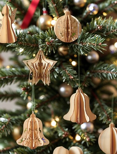  10 stk. julepynt i tre, 3D-oppheng til montering med stjerne- og hjerteformer, kreativ enkel juletreoppheng i tre for arrangement av høytidsscener