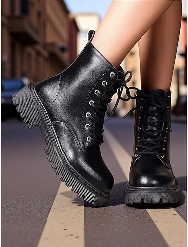  Bottines de combat à lacets en cuir noir pour femme, style avant-gardiste pour la mode urbaine, idéales pour le streetwear urbain &tenues quotidiennes