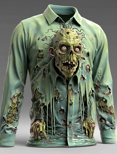  Halloween Per uomo Illusione ottica Horror Zombi Camicia Camicia con Bottoni Manica Lunga Gotico punk oscuro All'aperto Ferie Estate Primavera Collo ripiegato Stampa 3D camicie con colletto Blu Viola
