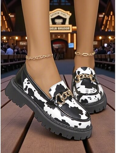  mocassins femininos com estampa de zebra – sapatos plataforma robustos e slip-ons com detalhes de corrente dourada, sapatilhas estilosas com estampa animal ousada para looks casuais, streetwear e oktoberfest