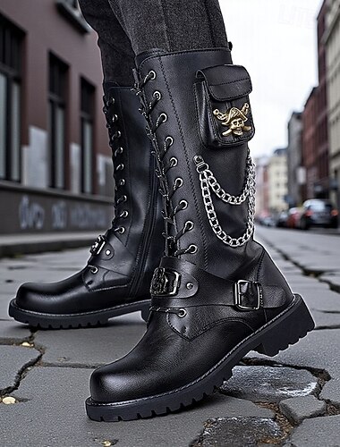  Zwarte gevechtslaarzen voor heren - gothic punk veterschoen in motorstijl met kettingen en gespen, urban streetwear-schoenen voor stadsoutfits
