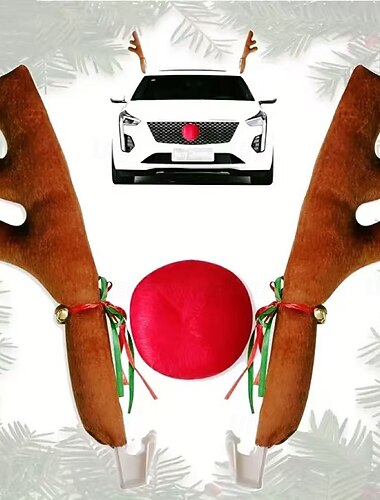  Julebil med reinsdyrgevir og nese, Rudolf-bildekorasjonssett for vinduer, tak og grill, festlig biltilbehør med jingler