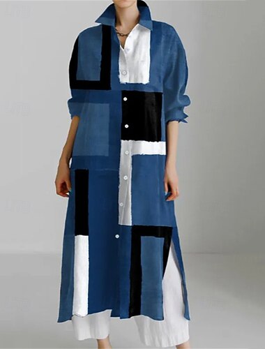  Damen Langes Kleid Maxikleid Hemdblusenkleid Freizeitkleid Druckkleid Mode Modern Täglich Wochenende Normale Passform Geometrisch Blume Langarm Hemdkragen Gelb Blau Khaki Dunkelblau Frühling Herbst