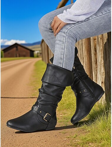  Bottes hautes en similicuir noir pour femme, style décontracté, avec fermeture éclair latérale et bride à boucle, pour l'équitation et l'automne