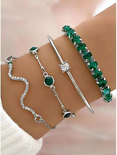  Set van 4 elegante armbanden van legering met verstelbare ketting voor dames in goudkleurige, groene kristalkleur – modieuze accessoires voor feesten, bruiloften en speciale gelegenheden