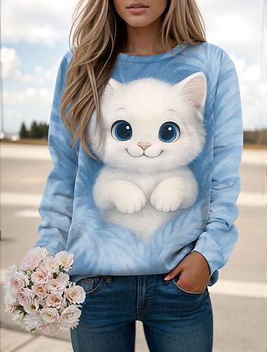  Damen Pullover Sweatshirt Druck Grafik Tiermotiv Katze Lässig Langarm Rundhalsausschnitt Normale Oberteile Lässig Straße Ferien Blau Rosa Purpur Grün Frühling Herbst Winter
