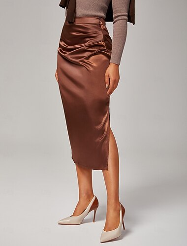  dames stretch parelmoer satijn elastische taille midi rok elegant kantoor &feestkleding