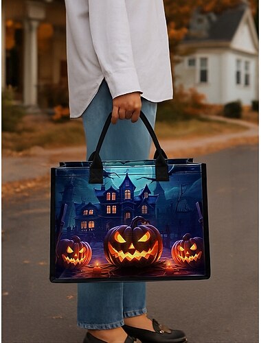  Sac fourre-tout citrouille d'Halloween et maison hantée pour femme — grand sac de courses réutilisable avec poche zippée et poignées robustes, style gothique pour les friandises, les fêtes costumées et l'utilisation quotidienne