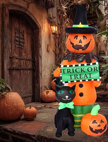  1 pieza 1,8 m/5,91 pies 2025 nuevo modelo inflable LED de calabaza de Halloween y gato negro para interiores y exteriores, patio, césped, jardín, fiesta, festival, ambiente decorativo, luz con enchufe