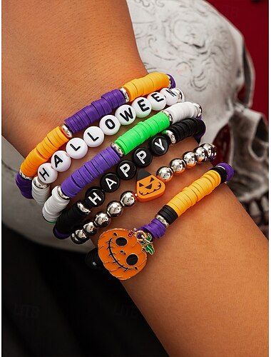  Halloween kralen armbandset voor dames – kleurrijke, rekbare, stapelbare armbanden met een pompoen-spook-bedel voor feesten, cosplay en het nachtleven