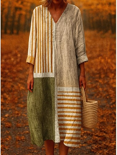  Dámské midi šaty V výstřih dlouhý rukáv kaftan lehké volné A linie šaty příležitostné boho na venčení volné grafické geometrické dlouhý rukáv V výstřih světle hnědá podzim