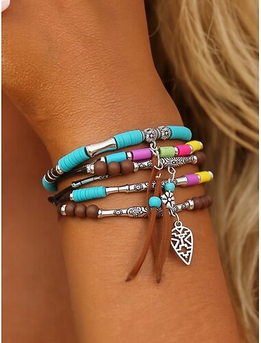  Women's Bohemian Layered Turquoise Beaded Bracelet Set – Adjustable Multilayer Charm Bracelets for Summer, Festivals and Casual Wear