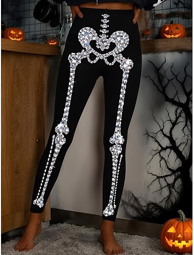  女性用 レギンス 旅行度假风 ヴィンテージ ファッション 全長 ハイウエストPantsHalloween グラフィック ハロウィーン プリント ソフト 高通気性 高弾性 アウトドア バケーション ストリート ブラックとホワイト ブラック 春 秋 冬 スリムフィット