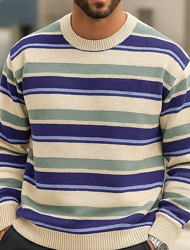  Herre Horisontale strips Pullover genser Strikketøy Crewneck Fritid Feriereise Hjem Gate 3D-utskrift Strikking Hold Varm Langermet Vår Høst Vinter Rød Blå Grønn