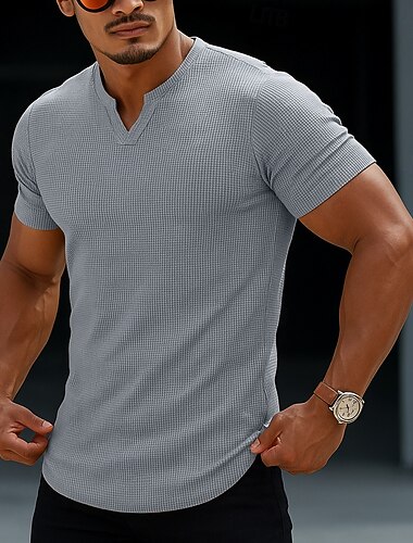  Voor heren Wafel T-shirt T-shirt Trui met capuchon Korte mouw Korte Mouw V-hals Zomer Alle seizoenen Effen Kleur Met Textuur Modieus Ontwerper Sportief Standaard Casual Straat Uitgaan Zwart Groen
