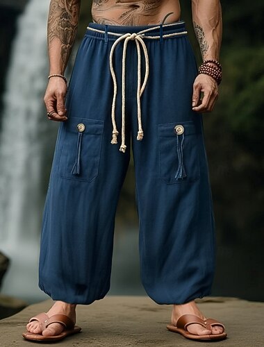  Hombre Pantalones de lino Pantalones Pantalones de verano Pantalones anchos Correa Cintura elástica Perneras anchas Plano Comodidad Transpirable Longitud total Exterior Yoga Casual Vacaciones Moda