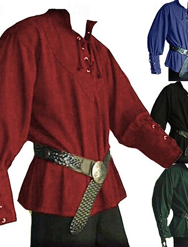  Punk & Gotico Medievale Rinascimento Blusa / Camicia Costume Cosplay Tunica Guerriero Cavaliere Vichingo Coulisse Tinta unita Costume Per uomo Celtico Costumi da pirata Halloween Mascherata
