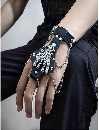  Ensemble bracelet et bague tête de mort gothique pour homme – style punk avec similicuir, chaînes en alliage et détails tête de mort, parfait pour Halloween et les fêtes costumées