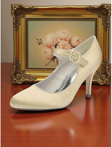 Women's Champagne Satin Mary Jane Heels with Crystal Buckle, Elegant Pointed Toe Pumps for Cocktail Parties