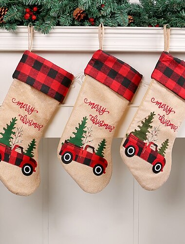  1 chaussette de Noël rouge et noire à carreaux, sac cadeau pour sapin de Noël, décoration de vacances pour la maison, cheminée, fête, festival d'hiver, rangement de cadeaux
