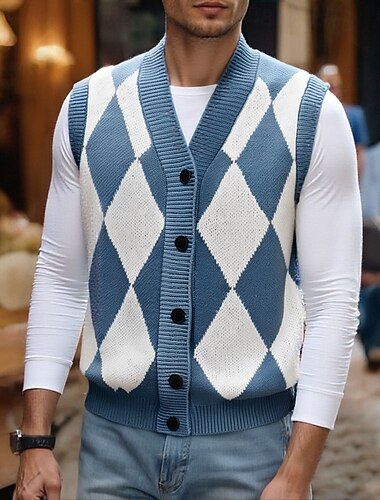  Herren Pullunder Strickjacke Gerippt Stricken Taste Strick Geometrisch V Ausschnitt Moderne zeitgenössische Freizeitskleidung Ausgehen Bekleidung Ärmellos Herbst Winter Schwarz Blau M L XL