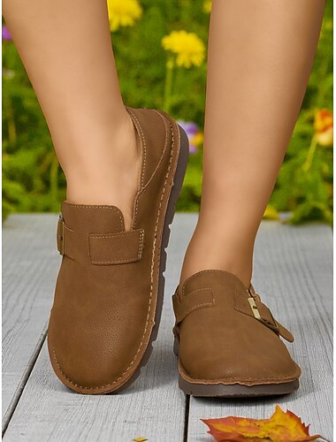  mocassins femininos de couro sintético com ajuste largo – sapatilhas confortáveis com tira de fivela para uso casual e caminhadas ao ar livre