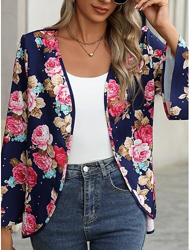  Per donna Giacca Casual Confortevole Traspirante Stampato Casual Floreale Vacanza Streetwear Casuale Abbigliamento quotidiano Aperto davanti Corto Senza colletto Vestibilità regolare Manica Lunga