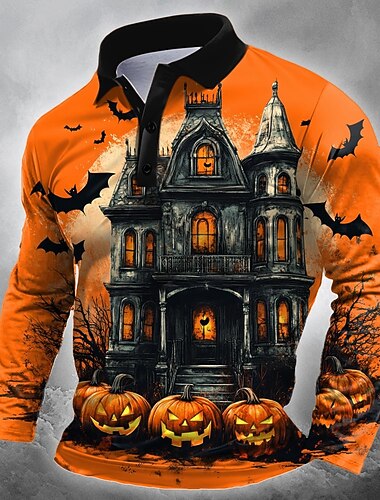  Halloween Herre Gresskar Borg Polo Langermet Poloskjorter Knaphul Fritid Gate Festivalantrekk 3D-utskrift Knapper Vår Høst Vinter oransje1 Oransje 2