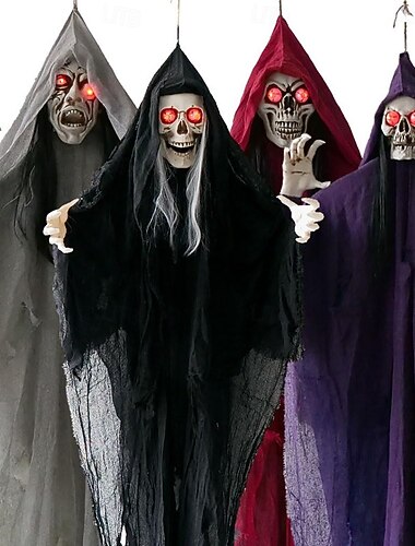  Halloween hängande spökskelettdekorationer utomhushängande Liemannen skelett LED-ljus röda ögon böjbara armar läskigt hemsökt hus rekvisita