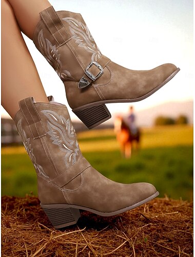 Botas vaqueras occidentales para mujer con diseño bordado y hebilla: botas de tacón grueso hasta media pantorrilla para conciertos de música country, paseos a caballo y atuendos de otoño.