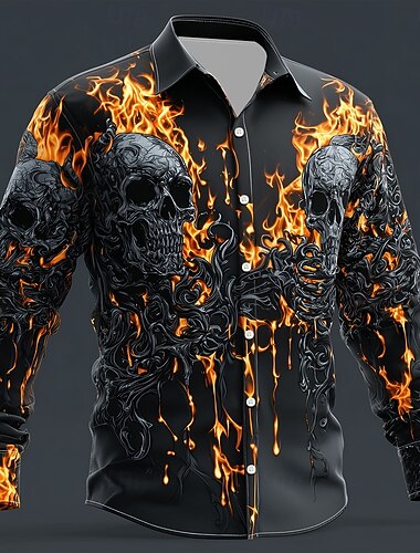  Halloween Per uomo Teschio Fiamma Scheletro Camicia Camicia con Bottoni Manica Lunga Gotico punk oscuro All'aperto Ferie Estate Primavera Collo ripiegato Stampa 3D camicie con colletto Nero 1 Nero