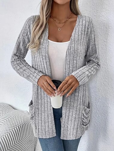  Damen Strickjacke Lässig Einfarbig Zopfmuster V Ausschnitt Tasche Gestrickt Langarm Normale Oberteile Stricken Ferien Ausgehen Wochenende Grau Herbst
