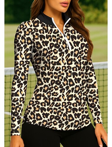  Női Leopárd Felsők POLO trikó Teniszing Tenisz póló Hosszú ujj Nyomtatott Negyed irányítószám Pullover UV védelem Elasztikus Légáteresztő Tenisz Golf Pickleball Állógallér Cipzáras gallér Zakó Ing