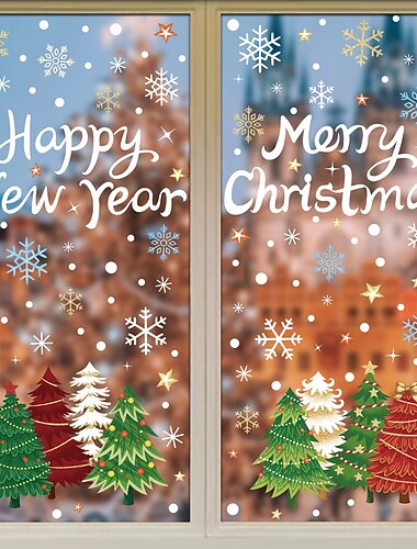  5 vellen kerst raamstickers, muurstickers, decoraties, creatieve sneeuwvlokken, hangende ornamenten &kerstbomen, statische elektriciteit, winkelpui &huisdecoratie