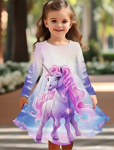  ragazze' 3D Unicorno Abito Manica Lunga Estate Primavera Vacanza Quotidiano Ferie Principessa Bello Dolce Bambini 4-12 Anni Vestito Casual Abito a trapezio Lunghezza al ginocchio Vestibilità regolare